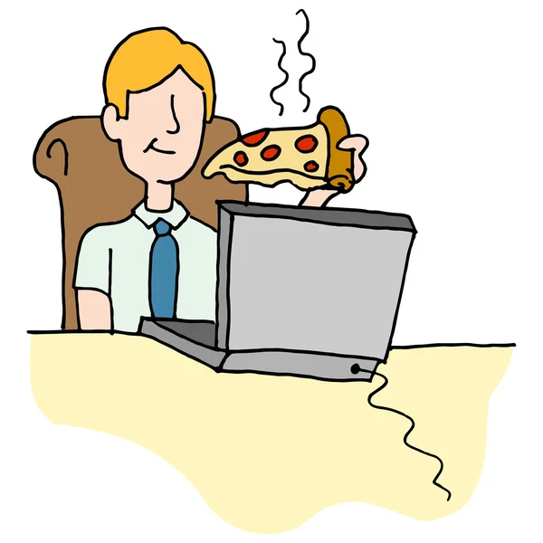Άνθρωπος τρώει πίτσα φέτα ενώ εργάζεστε — Διανυσματικό Αρχείο