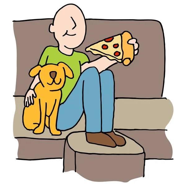 Man eating pizza slice with dog on sofa — Stock Vector