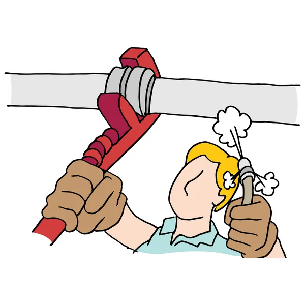 Plumber using wrench and high pressure hose on pipe — Stock Vector