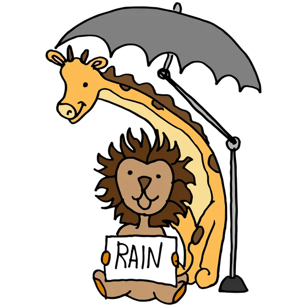 Lion and giraffe under umbrella — Stock Vector