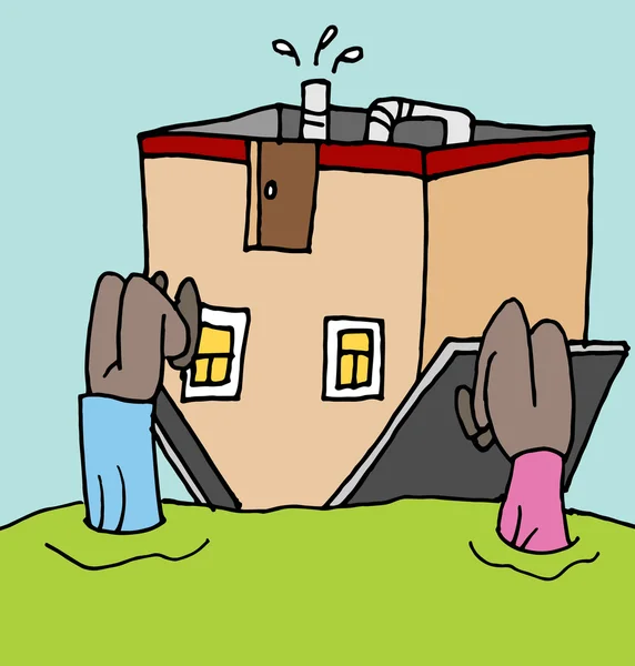 Menschen stehen bei ihrer Hypothek auf dem Kopf — Stockvektor