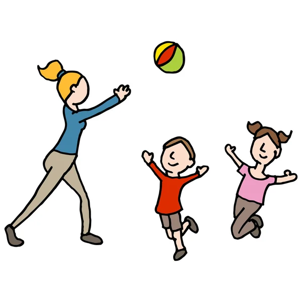 Niñera jugando pelota con niños — Vector de stock