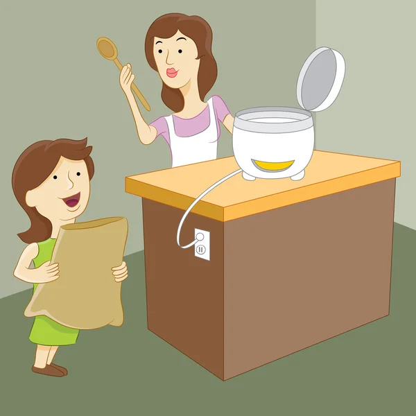 Anne ve kızı pirinç yapmak — Stok Vektör