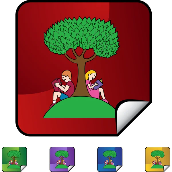 Niño y niña leyendo bajo el árbol — Vector de stock