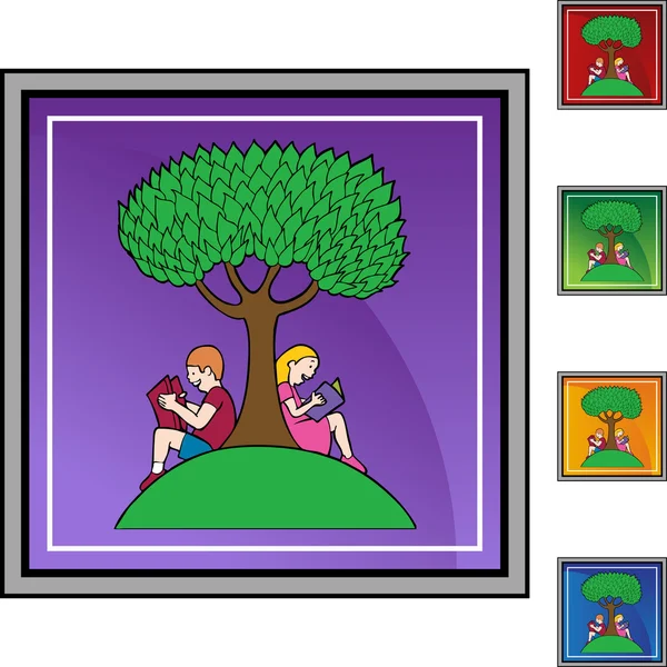 男の子と女の子の木の下で読書 — ストックベクタ