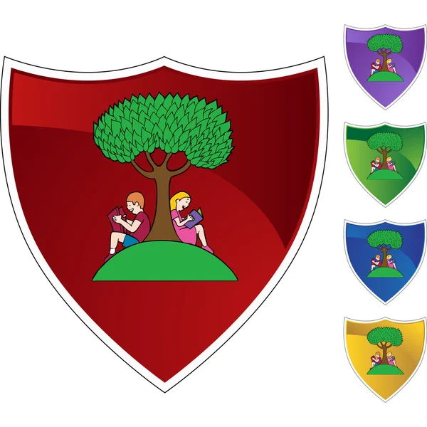 Niño y niña leyendo bajo el árbol — Vector de stock