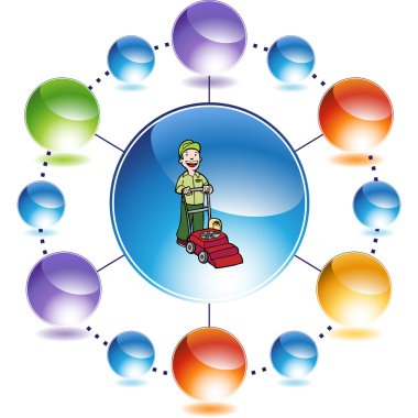 Çim biçme makinesi olan adam.