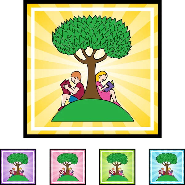 Erkek ve kız ağacın altında okuma — Stok Vektör