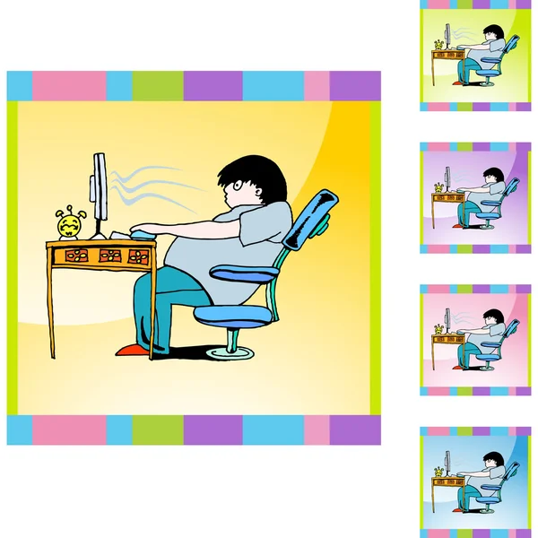 Boy with Computer Addiction button — Stock Vector