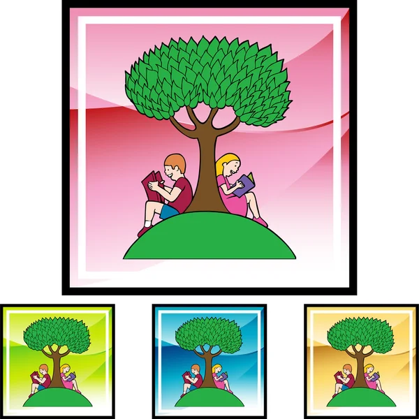 男孩和女孩在树下读书 — 图库矢量图片