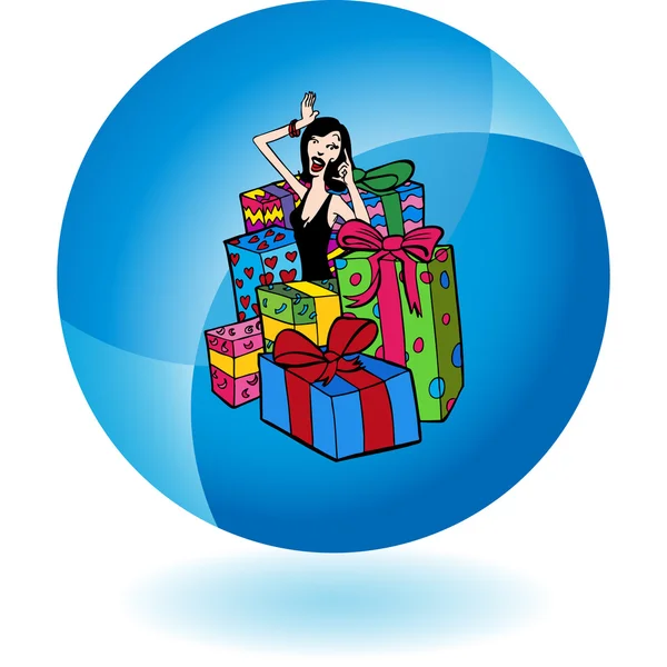 Mujer con icono de regalos — Vector de stock