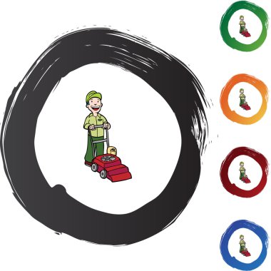 Çim biçme makinesi olan adam.