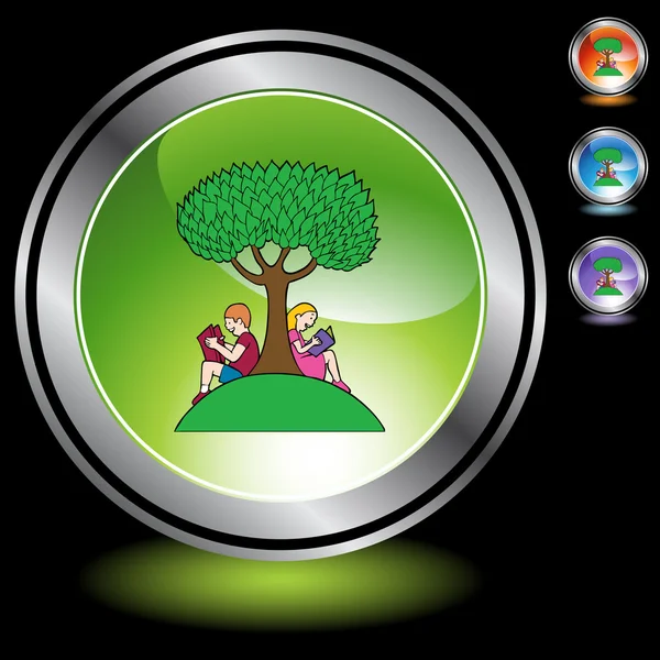 Niño y niña leyendo bajo el árbol — Vector de stock