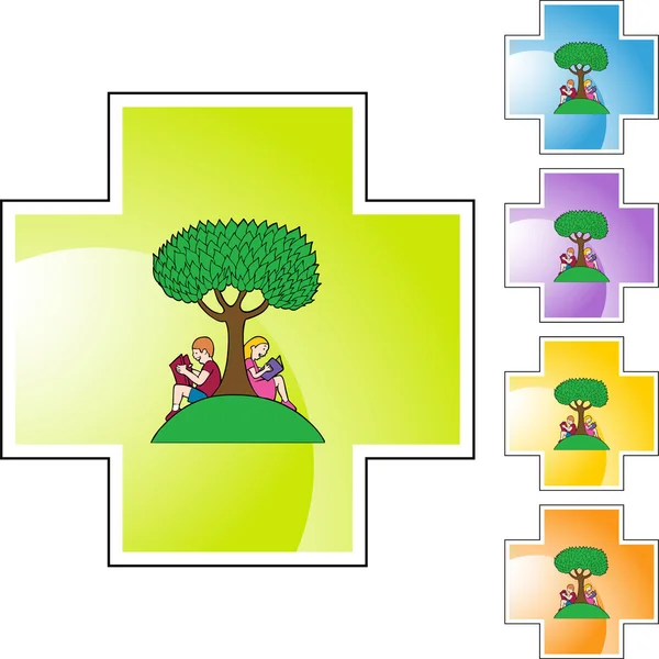 Niño y niña leyendo bajo el árbol — Vector de stock