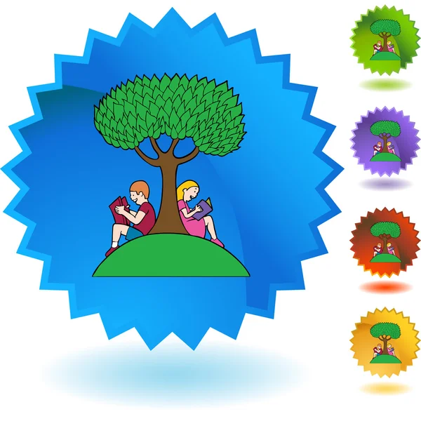 Niño y niña leyendo bajo el árbol — Vector de stock