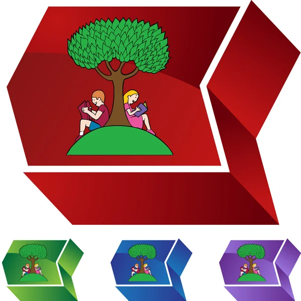 Niño y niña leyendo bajo el árbol — Vector de stock