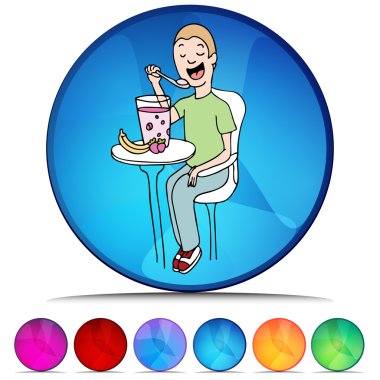 Adam yeme meyve ve yoğurt parlak düğme kümesi