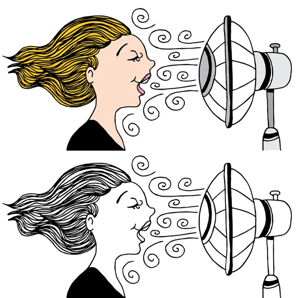 Femme avec ventilateur soufflant — Image vectorielle