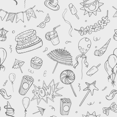 Gri arka plandaki parti nesnelerinin kesintisiz tek renkli deseni