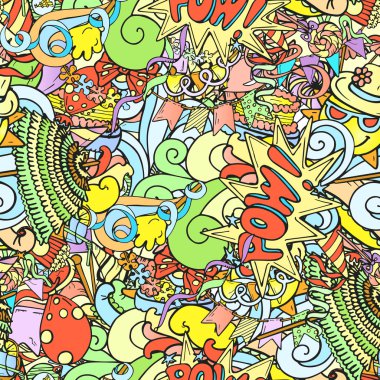 Karikatür renkli parti nesneleri dikişsiz desen el çizilmiş