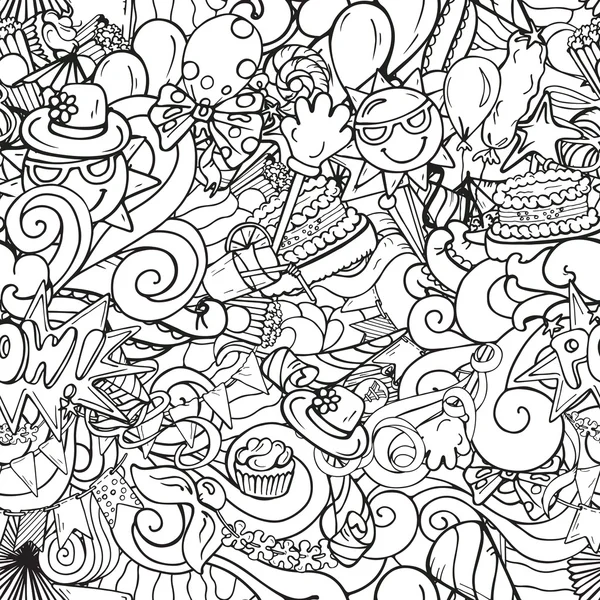 Padrão sem costura de desenhos animados doodle objetos de festa na mão desenhada —  Vetores de Stock