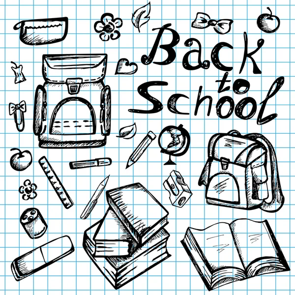 Hand drawn school elements on lined sketchbook — Stock Vector