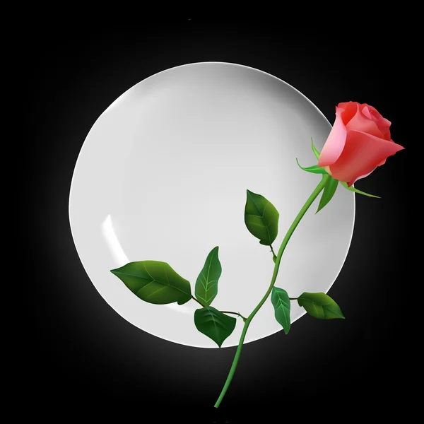Placa redonda blanca vacía con rosa roja — Vector de stock