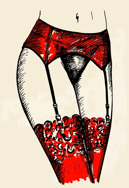 Main dessinée sexy femme rouge bas, culotte et ceinture — Image vectorielle