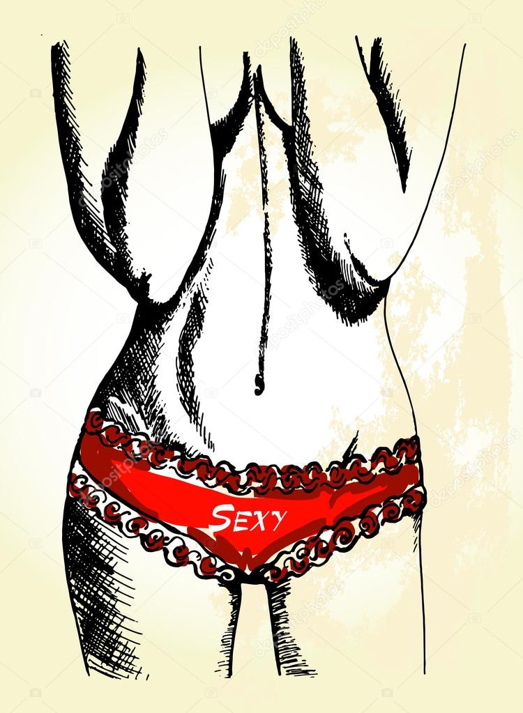 Hand drawn woman in red lace panties