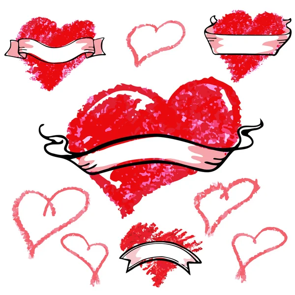 Conjunto de corazones rojos dibujados a mano. Colección estilo grunge vectorial — Vector de stock