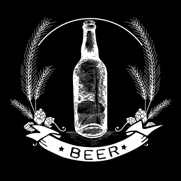 Hand drawn beer bottle label, malt and badge with text 'Beer' — Stok Vektör
