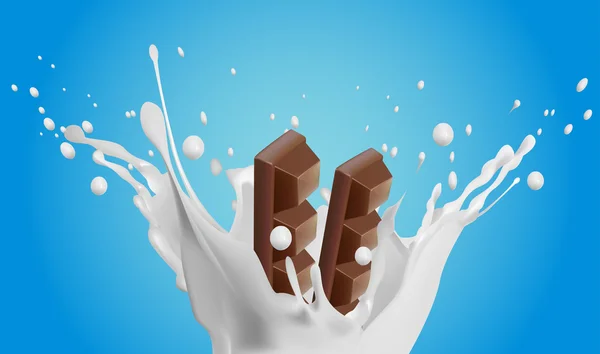 Salpicadura de leche con dos chocolates sobre fondo azul — Vector de stock