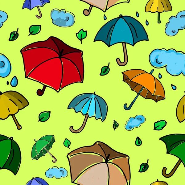 Autumn radiant green seamless pattern with colorful umbrellas on gre — Stock Vector