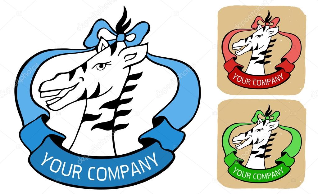 Zoo logo or label with wild animal zebra and ribbon in green, red, blue colors  three icons illustration isolated on white and beige background