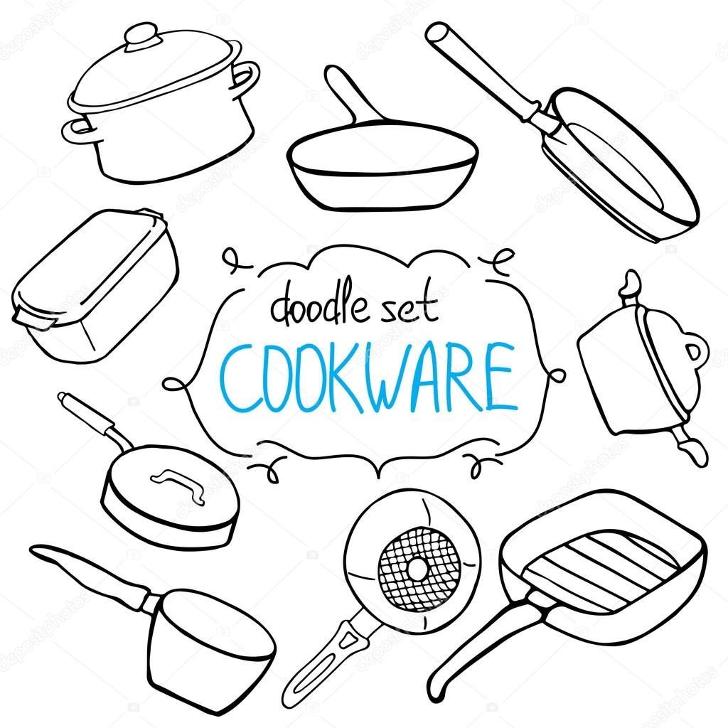 Cookware - pots and pans in doodle style