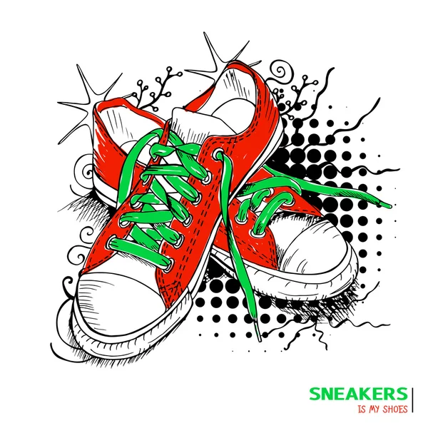 Sapatilhas de moda coloridas com o título 'Sneakers is my shoes' —  Vetores de Stock