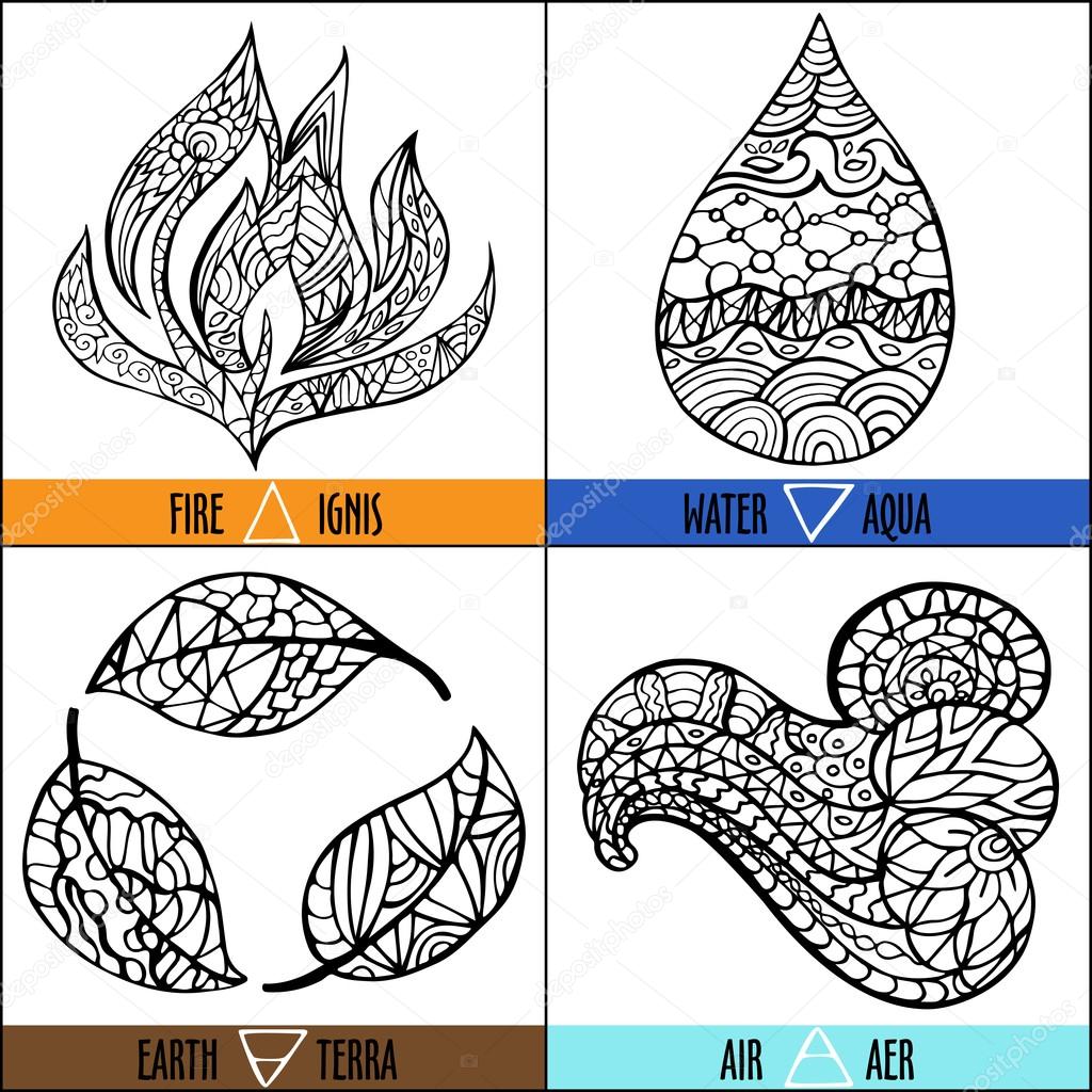 Illustrations Of Four Natural Elements Of Fire, Water, Wind And