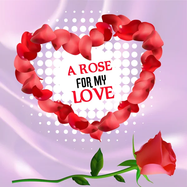 Cartão postal com rosa vermelha e pétalas de coração sobre fundo de seda — Vetor de Stock