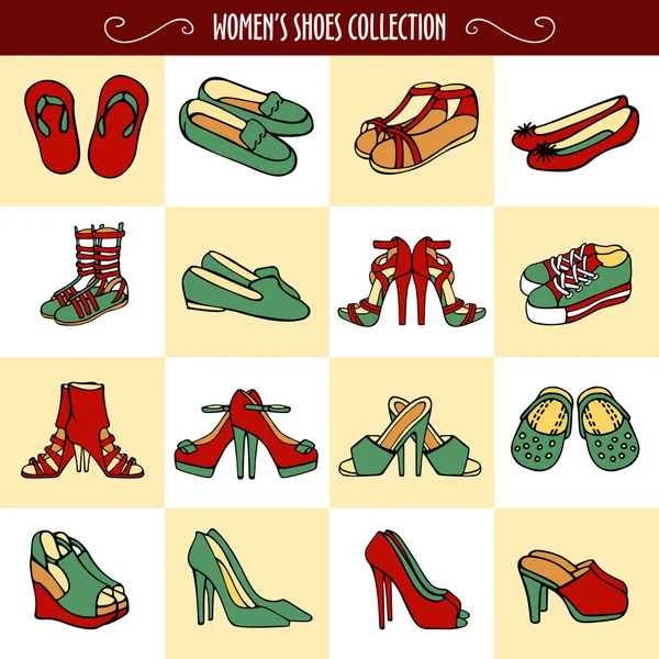Zapatos de mujer dibujados a mano en colores rojo y verde — Vector de stock