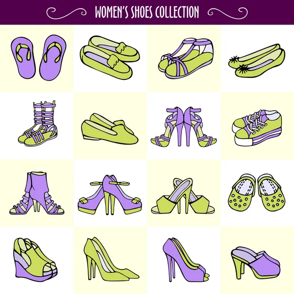Zapatos de mujer dibujados a mano en colores púrpura y verde — Vector de stock