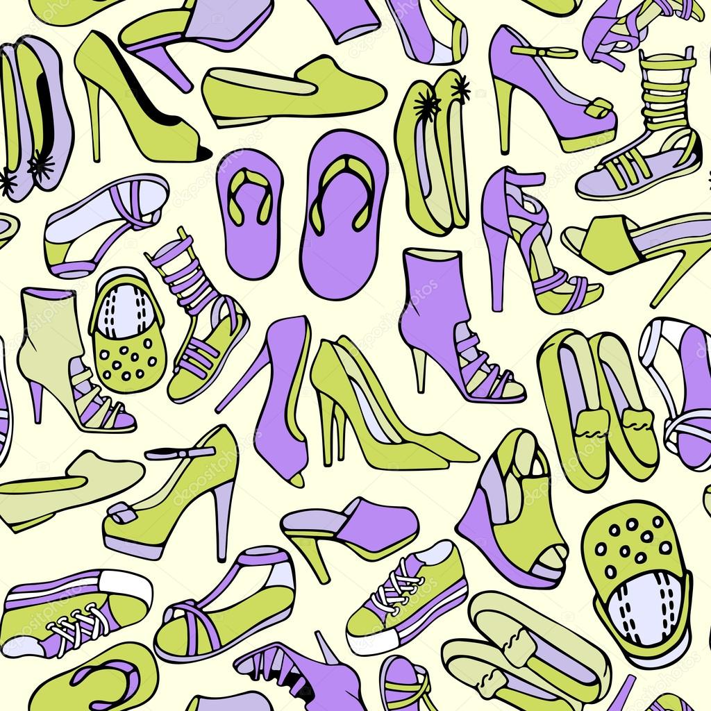 Seamless pattern women's shoes in purple and green colors