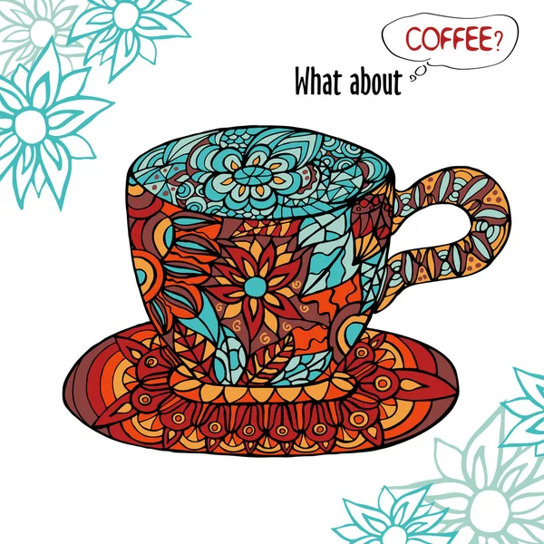 Illustrazione colorata con una tazza di caffè e ornamento floreale — Vettoriale Stock