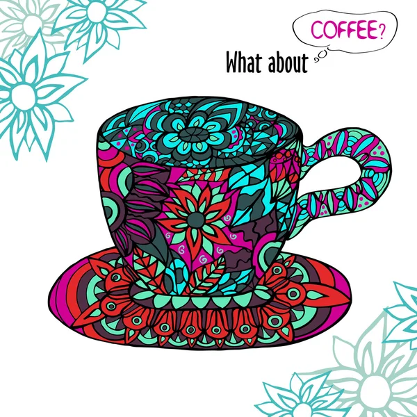Illustrazione colorata con una tazza di caffè e ornamento blu — Vettoriale Stock