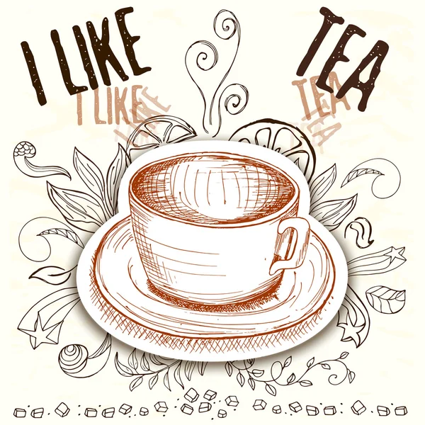 Dibujado a mano una taza con elementos de té — Archivo Imágenes Vectoriales