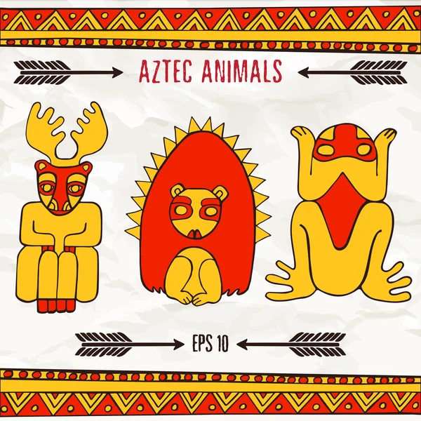 Animais fantásticos aztecas desenhados à mão em cores vermelhas e amarelas — Vetor de Stock