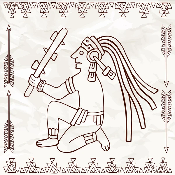 Aztec or maya of South America sitting with truncheon — Stock Vector