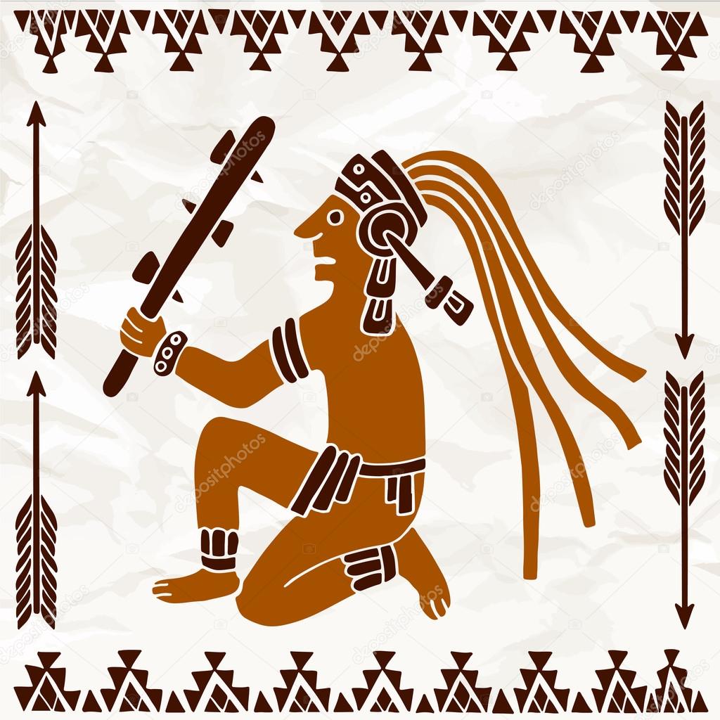Aztec of South America sitting with truncheon in brown colors