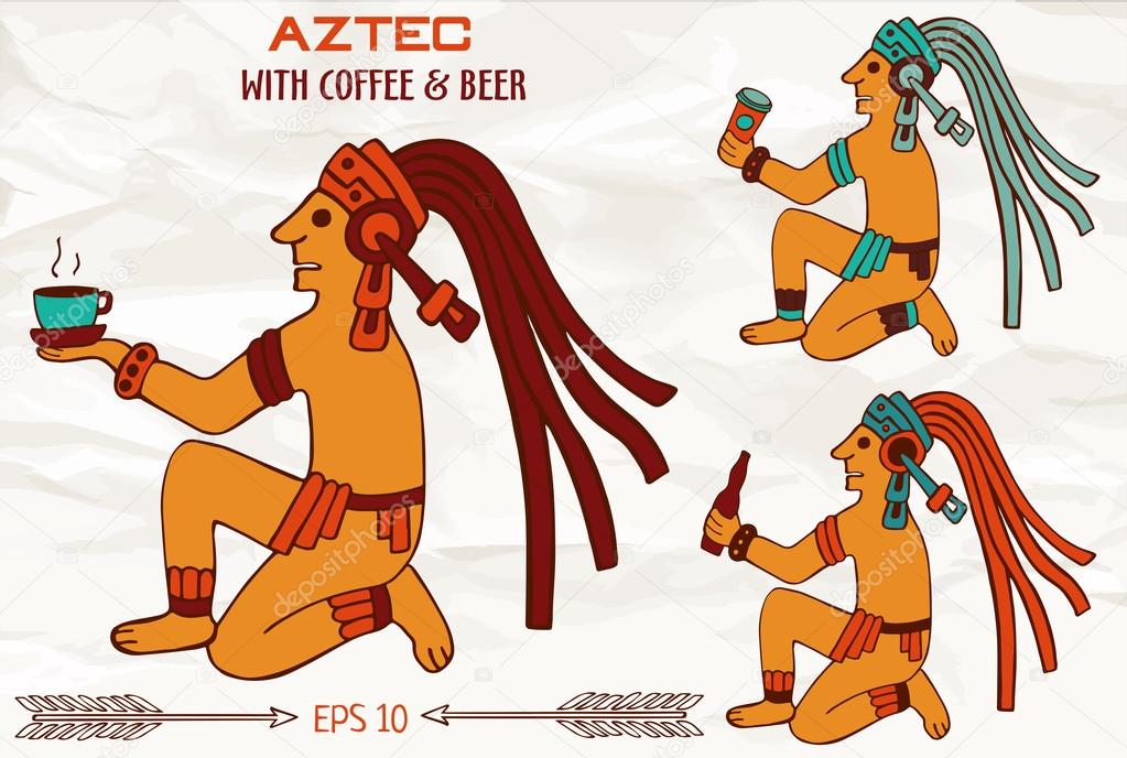 Colorful aztec or maya of South America sitting with drinks