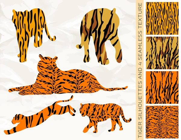 Ensemble de cinq silhouettes de tigre avec texture sans couture — Image vectorielle