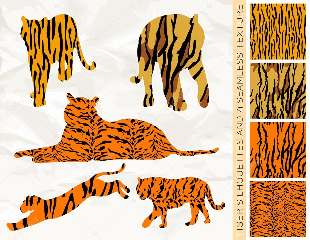 Set of five tiger silhouettes with seamless texture